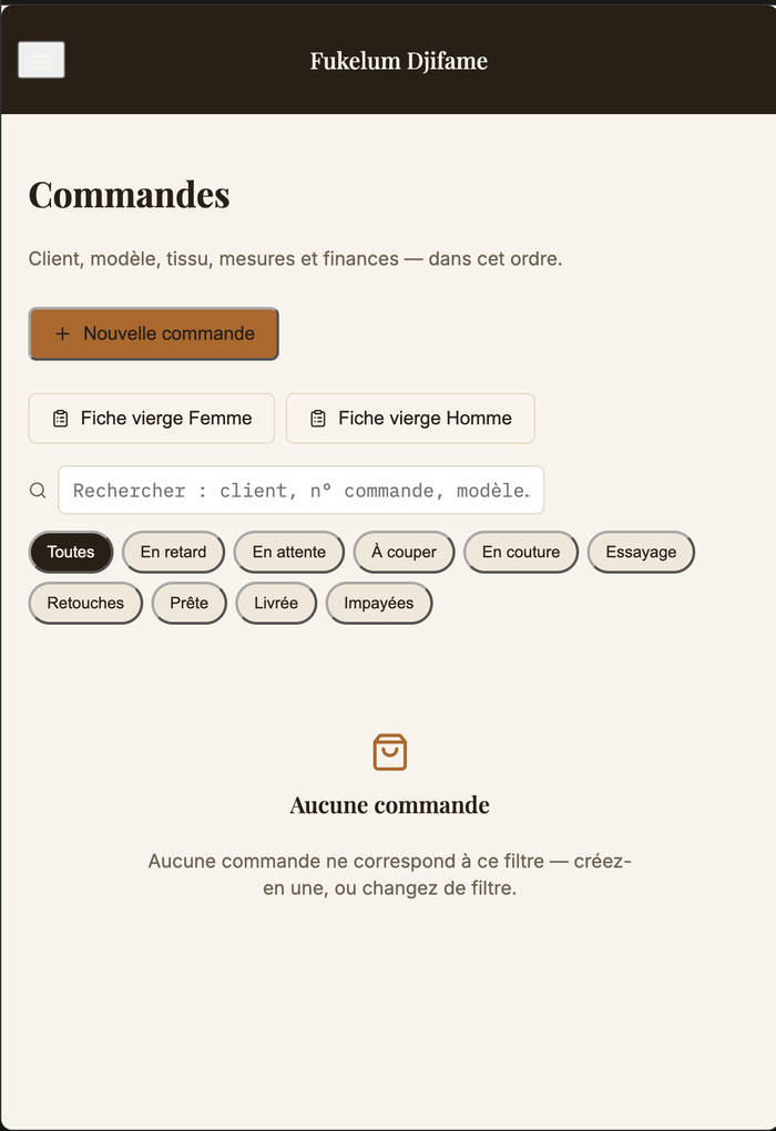 Suivi des commandes avec statuts : en retard, en attente, à couper, en couture, essayage, retouches, prête, livrée