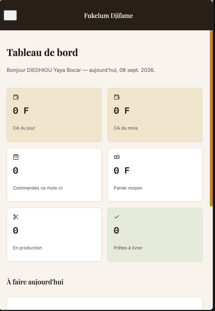 Tableau de bord de l'application Fukelum Djifame : chiffre d'affaires, commandes du mois, panier moyen