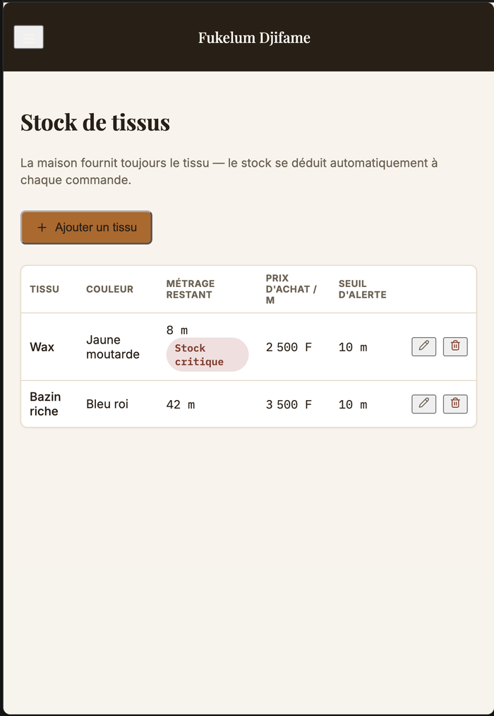 Stock de tissus avec alerte automatique quand un métrage devient critique