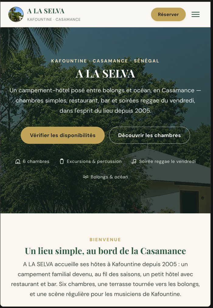 Page d'accueil du site vitrine A LA SELVA, campement-hôtel à Kafountine en Casamance