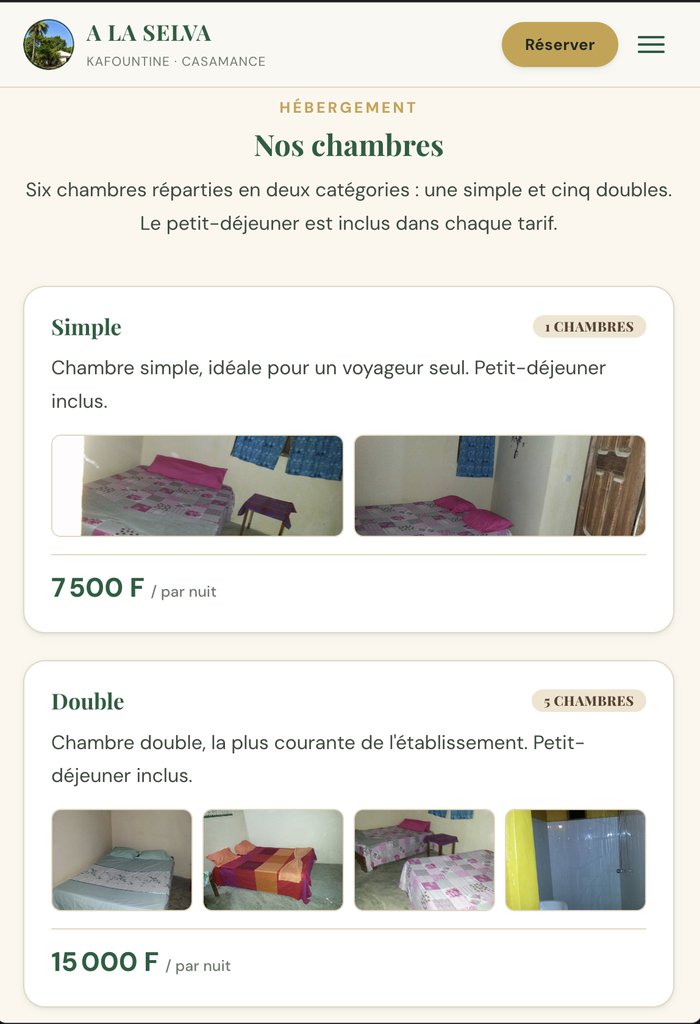 Galerie des chambres avec photos réelles et tarifs par nuit