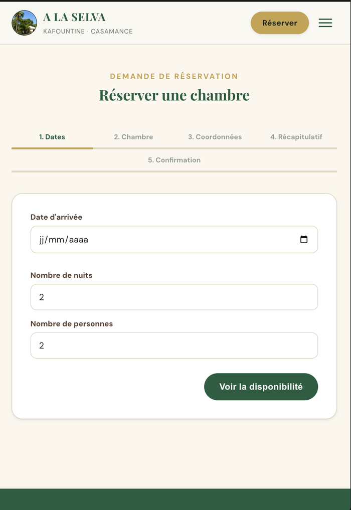 Formulaire de réservation en ligne en 5 étapes avec vérification de la disponibilité réelle